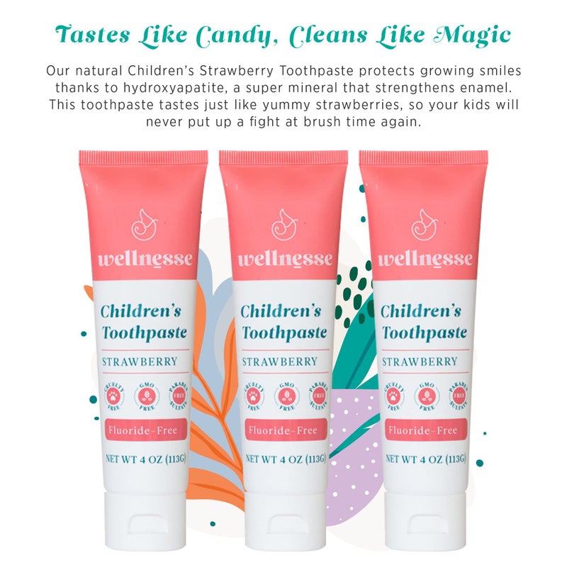 Wellnesse Kids Hydroxyapatite Toothpaste with Xylitol - Fluoride Free Toddler & Children's Natural Toothpaste  Freshens Breath  Sensory-Friendly Oral Care  Vegan  Strawberry Flavor  4 oz (Pack of 3) - Image 2